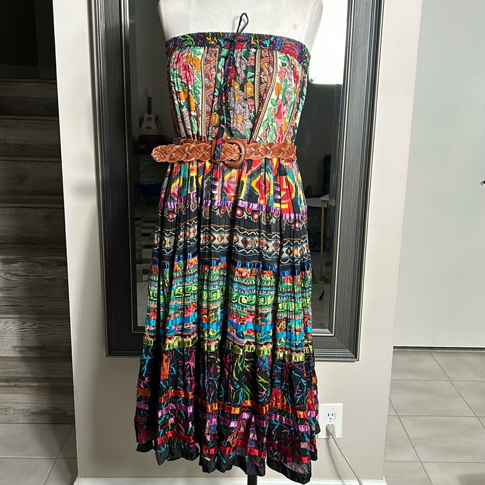 Maxi skater multicolor cotton boho open shoulder drawstring skirt/ dress size OS